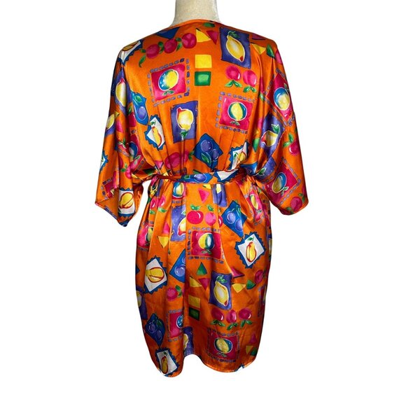 Vintage Vassarette Robe Size Large Kimono Fruit Colorful Orange Satin 90s Retro - Picture 3 of 9